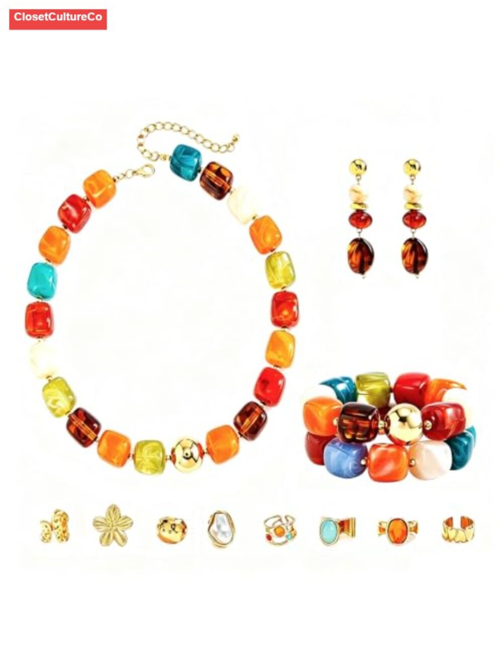 Chunky Beaded Necklace Bracelet Earrings Ring Boho Jewelry Set for Women